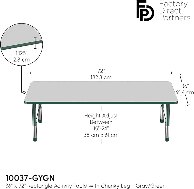 Factory Direct Partners FDP Rectangle Activity School and Classroom Kids Table (36 x 72 inch), Toddler Legs, Adjustable Height 15-24 inches - Gray Top and Green Edge