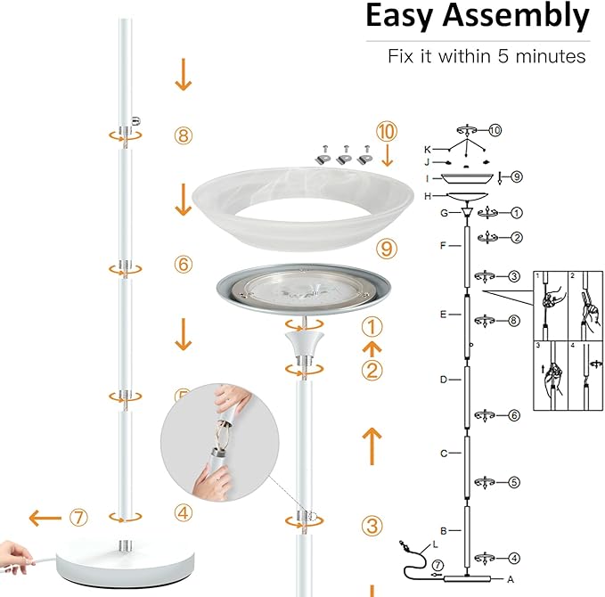 BoostArea Torchiere Floor Lamp, 24W Super Bright LED Standing Lamp, Stepless Dimmable Pole Lamp with 3000K Lighting, Glass Lampshade, 71Inch Tall Metal Modern Floor lamps for Living Room/Bedroom White