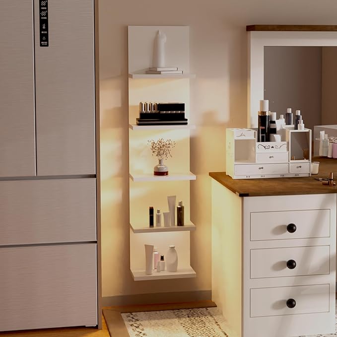 5 Tier Wall Shelf with Light, White Modern Vertical Lack Wall Shelves, Wall Mount, Floating Column Home Decor Shelves for Bedroom, Living Room, Vanity Storage Display