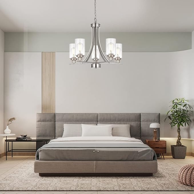 BONLICHT 5 Lights Traditional Chandelier Brushed Nickel Kitchen Island Dining Room Lighting Fixtures Hanging Seeded Glass Pendant Light Modern Flush Mount Ceiling Light for Living Room Bedroom Foyer