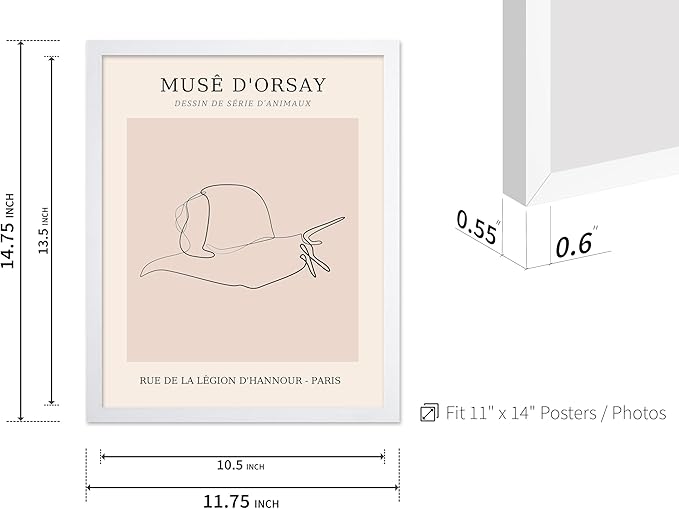 Poster Master Vintage Poster - Retro One Line Snail Drawing Print - Snail Line Art - Minimal Gift for Men, Women, Animal Lover - Abstract Wall Decor for Home, Office, 11x14 White Framed