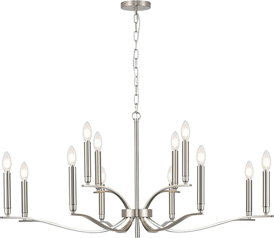 12 Light Nickel Living Room Chandelier High Ceiling Foyer Candle Chandelier Large Modern 44in Metal Chandeliers Hanging Light for Master Bedroom Dining Room Light Fixture Over Table
