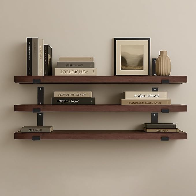 CONSDAN Floating Shelves for Wall Mounted Book Shelf Hanging Shelves Floating Bookshelf for Bedroom, Bathroom, Living Room, Kitchen USA Grown Solid Hardwood, Dark Maple 48x7.5x1.5 in (Set of 3)