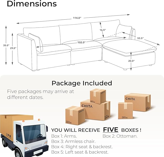 CHITA Sectional Modular Down Filled L Shape Sofa, Comfty L Shape Cloud Couch,FSC Certified L Shaped Couch for Living Room, 114 inch Width,4 Seat with Storage Ottoman, Snow