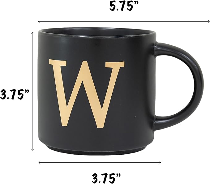 COLLECTIVE HOME - Monogram Ceramic Mugs, 15 oz Golden Initial Black Coffee Cups, Elegant Alphabet Tea Mugs, Elegant Personalized Mug with Gift Box, Unique Mug with Double Side Capital Lette (W)