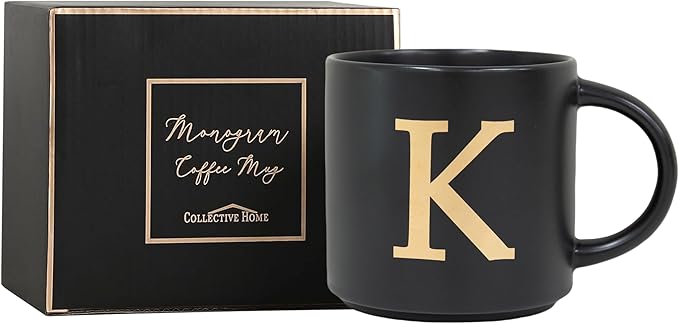 COLLECTIVE HOME - Monogram Ceramic Mugs, 15 oz Golden Initial Black Coffee Cups, Elegant Alphabet Tea Mugs, Elegant Personalized Mug with Gift Box, Unique Mug with Double Side Capital Lette (K)