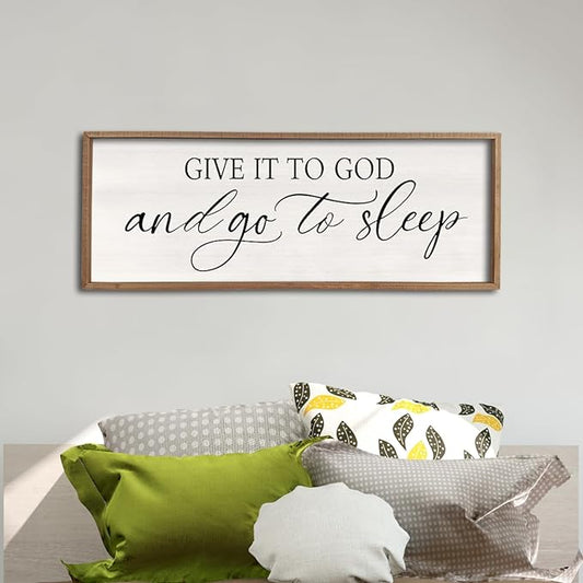 comurdyo Give It To God And Go to Sleep Sign 40''×15'' Master Bedroom Above Bed Wall Decor Wood Framed Couple Large Farmhouse Guest Room Rustic Simple Over Bedside Wall Art Hanging Decor (Wood)