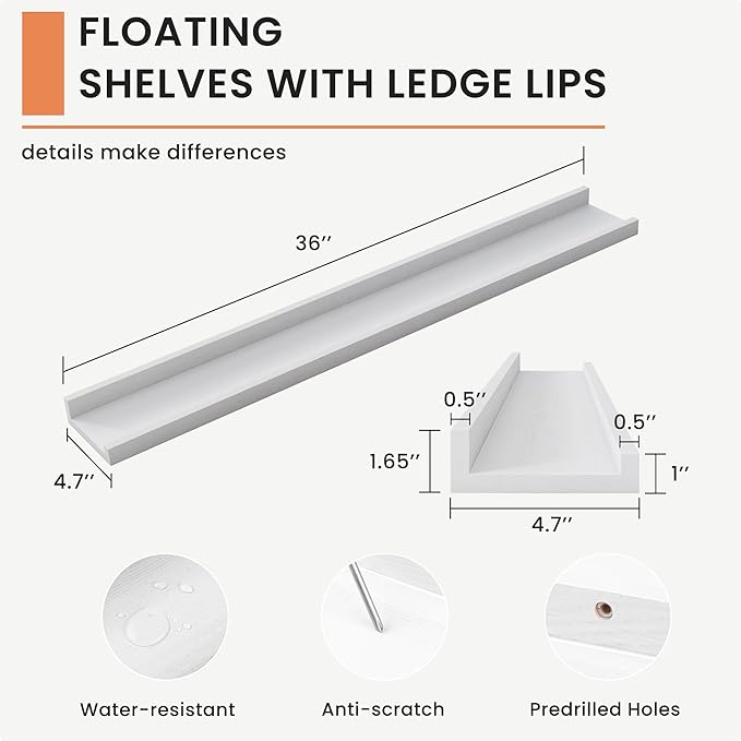 Solid Ash Wood Picture Ledge Shelf, 36 Inch Floating Shelves with Lip Set of 2, Photo Ledge Shelf Nursery Bookshelf Wall Mounted for Living Room Bedroom Decor, White