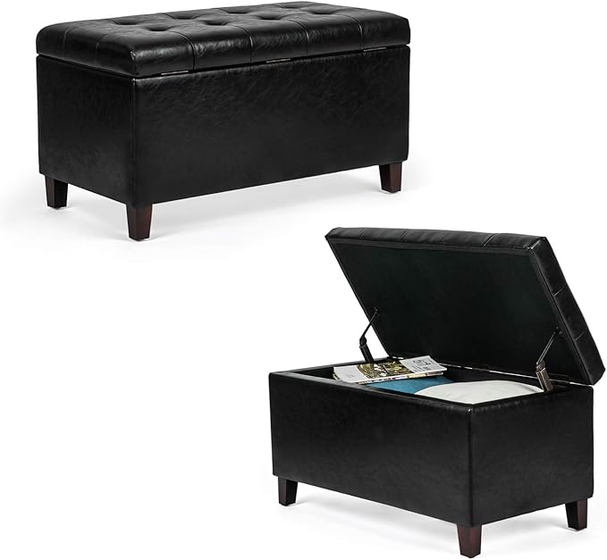 Asense Storage Ottoman Bench, Faux Leather Upholstered End of Bed Bench with Safety Hinge Wooden Legs, for Entryway Bedroom (Black, 33.3")