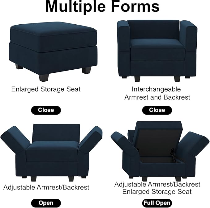 Belffin Modular Sectional Arm Accent Chair with Storage Seat Velvet Armchair Single Sofa Club Chair Blue