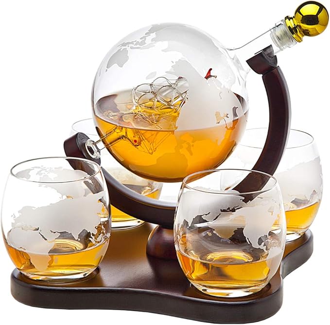 Godinger Whiskey Decanter Globe Set with 4 Etched Glasses for Liquor, Scotch, Bourbon, Vodka, Gifts for Men - 850ml Clear
