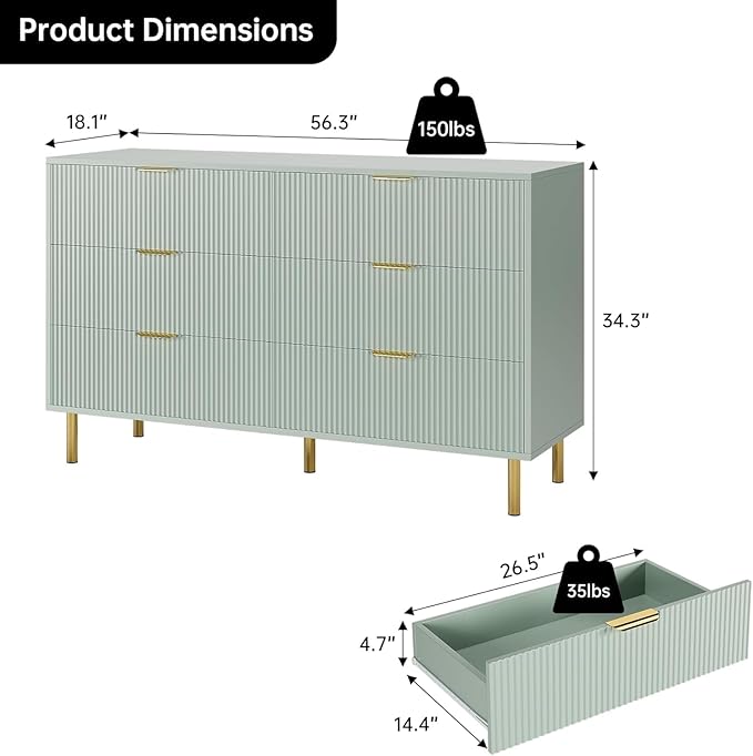 GAOMON 6 Drawer Dresser, Wood Chest of Drawers Organizer Storage with Gold Handle, Large Storage Cabinet, Modern Design Dresser for Bedroom, Living Room, Closet, Hallway, Entryway, Green