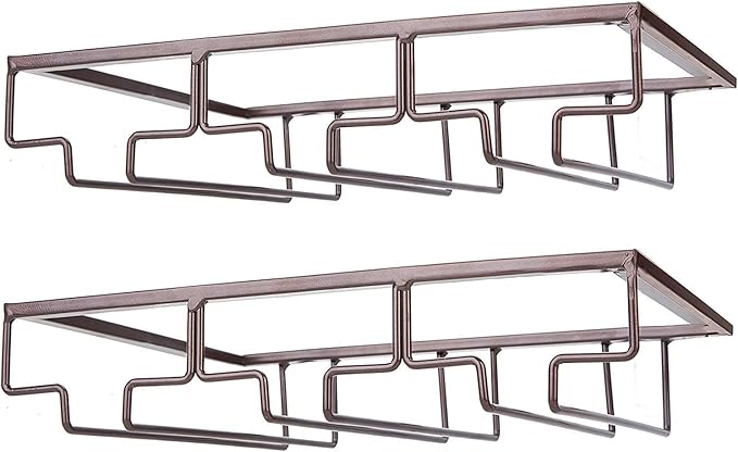 Wine Glass Rack - Under Cabinet Stemware Wine Glass Holder Glasses Storage Hanger 2 Pack Metal Organizer for Bar Kitchen Brown
