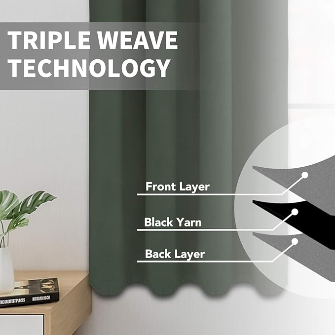 Easy-Going Blackout Curtains for Bedroom, Solid Thermal Insulated Grommet and Noise Reduction Window Drapes, Room Darkening Curtains for Living Room, 2 Panels (52x108 in,Greyish Green)