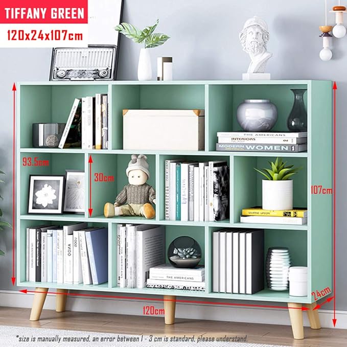 IOTXY Wooden Open Shelf Bookcase - 3-Tier Floor Standing Display Cabinet Rack with Legs, 10 Cubes Bookshelf, Tiffany-Green