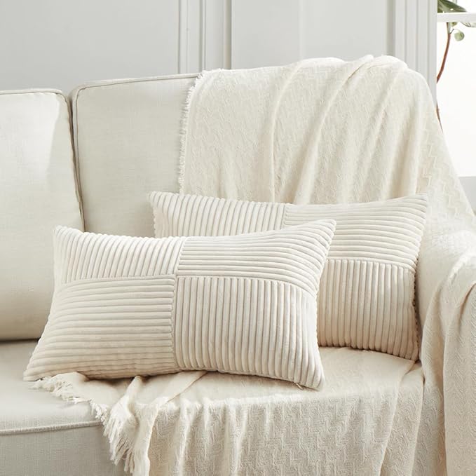 Fancy Homi 2 Packs Cream Lumbar Decorative Throw Pillow Covers 14x24 Inch for Living Room Couch Bed Sofa, Rustic Farmhouse Boho Home Decor, Soft Striped Corduroy Rectangle Accent Cushion Case 35x60 cm