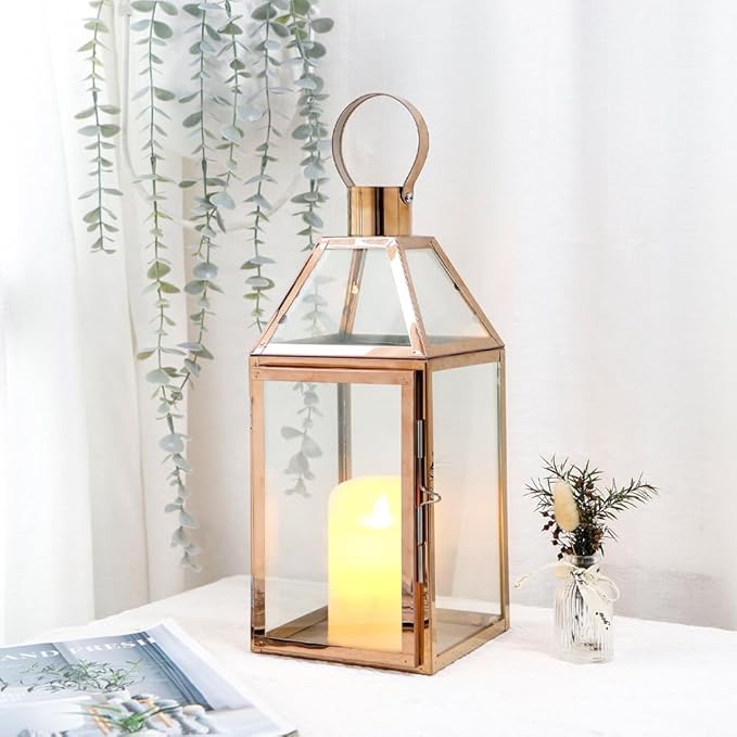 JHY Design Rose Gold Decorative Lanterns 16 inch High Stainless Steel Candle Lanterns with Tempered Glass for Indoor Outdoor Events Parities and Weddings