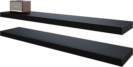 BAMEOS Floating Shelves, Black Wall Mounted Wooden Shelves with Invisible Brackets Set of 2,47 x 9