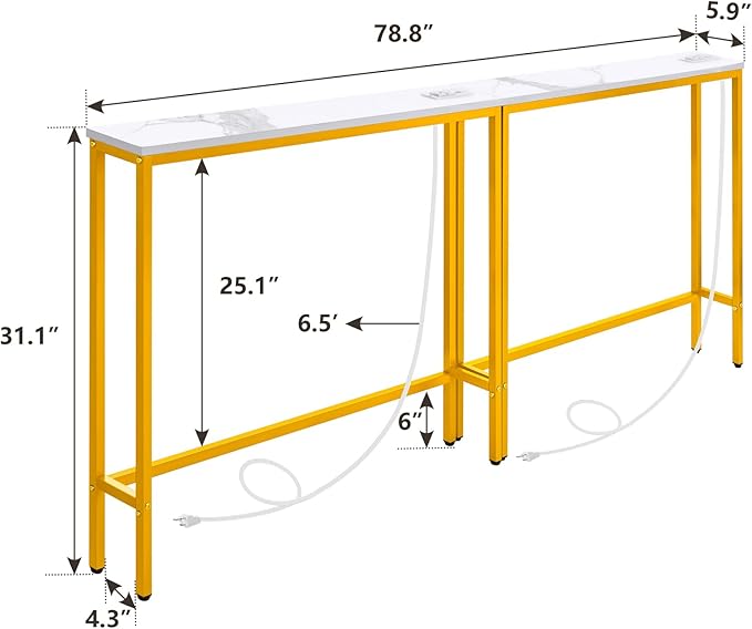 ELYKEN 2 Pack 5.9" Narrow Console Sofa Table with Power Outlets and USB Port, 5.9" Dx39.4 Wx31.1 H Marble Texture Skinny Couch Table with Golden Metal Frame