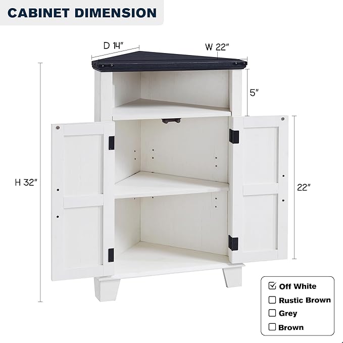 Corner Bathroom Cabinet, Farmhouse Small Corner Cabinet with Barn Door & Adjustable Shelf, Storage Cabinets for Bathroom, Kitchen, Living Room, Off White