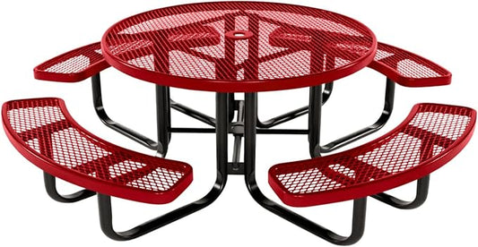 Coated Outdoor Furniture Heavy-Duty Portable Outdoor Kids Table with Umbrella Hole, Expanded Metal Kids Picnic Table, Commercial-Grade, Made in America (46 In, Round, Childrens, Textured Red)