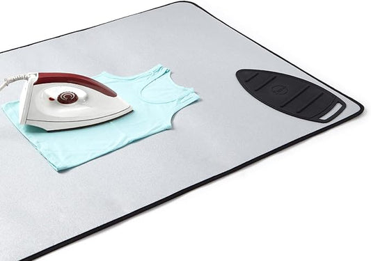 Encasa XO Ironing Mat/Pad - Metallic Silver (Large 48"x28") with 5mm Foam Padding & Silicone Iron Rest for Steam Pressing on Tabletop or Bed - Heat Reflective, Portable, Quilting