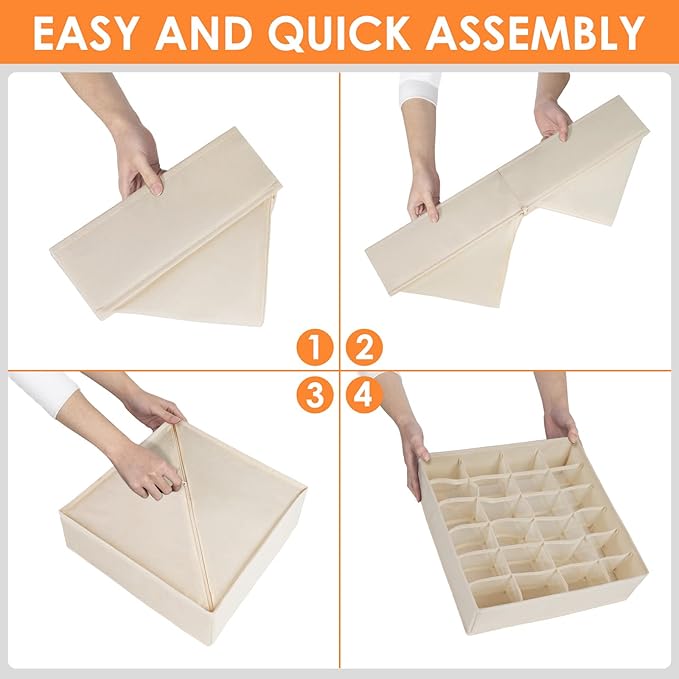 6 Pack Sock Underwear Drawer Organizer Dividers, 58 Cell Foldable Fabric Dresser Closet Organizers and Storage Bins for Clothing, Baby Clothes, Bra, Panty, Scarf, Ties (Beige)