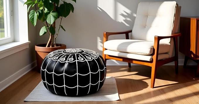 Stuffed Arch Design Moroccan Leather Pouf Ottoman, Handmade, Pre-Filled, 100% Genuine Leather, 14” Height x 22” Diameter – Boho Chic Footstool & Living Room Décor (Black)