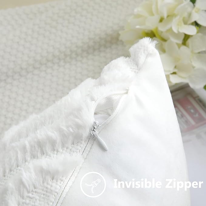 decorUhome Fall Throw Pillow Covers 18x18 Inch Set of 2, Soft Plush Decorative Faux Fur White Solid Couch Pillow Covers, Accent Farmhouse Neutral Square Euro Pillow Cases for Sofa Bed Living Room