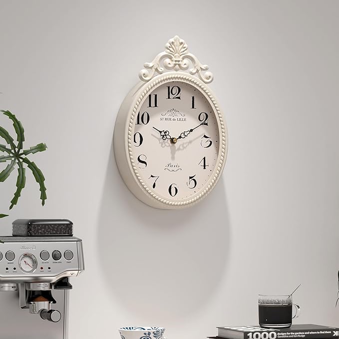Abdurey Small French Retro Decorative Wall Clock, Ivory White Vintage Oval Style,Silent Battery Operated Boho Decor Wall Clocks for Farmhouse,Kitchen,Bedroom,Bathroom(10.4" H x 6.7" W)