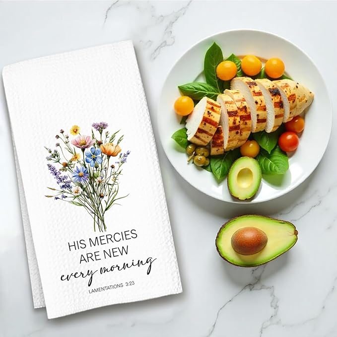 Christian Kitchen Towel, Waffle Weave Microfiber Scripture Hand Towel, His Mercies are New Every Morning Bible Verse Farmhouse Decor for Kitchen Bathroom, Inspirational Gift for Women