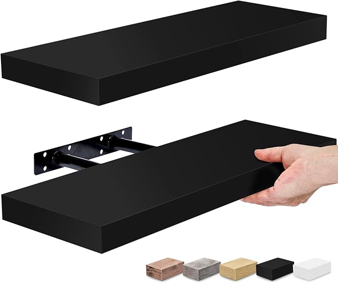 Sorbus Floating Shelves for Wall, Bathroom Shelves Wall Mounted for Kitchen, Bedroom, Bathroom Storage Over Toilet, Hanging Book Shelf for Wall Home Decor Living Room (Black, 2 Pack)