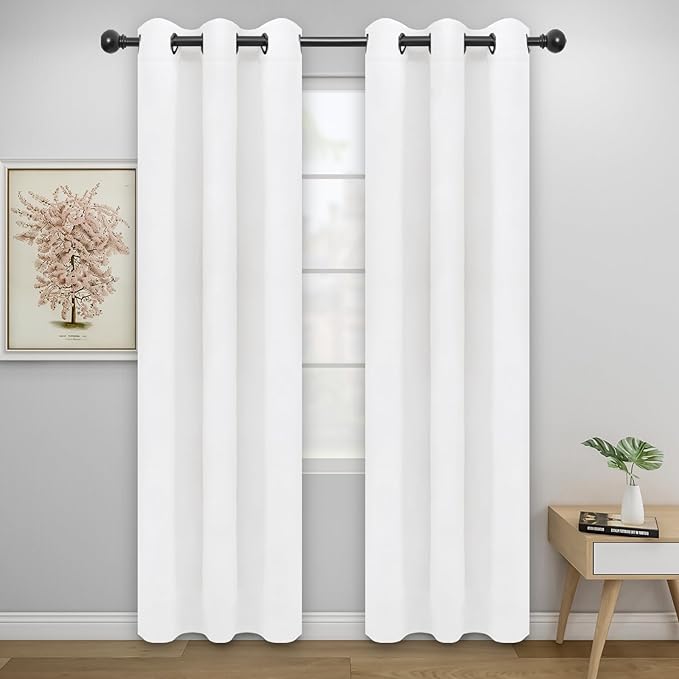 Easy-Going Blackout Curtains for Bedroom, Solid Thermal Insulated Grommet and Noise Reduction Window Drapes, Room Darkening Curtains for Living Room, 2 Panels (34x84 in, White)