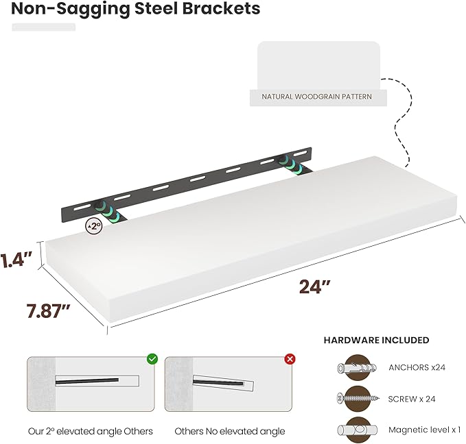 Floating Wood Shelves for Wall 24 Inches x 8”x 1.4” Shelf Floating Home Decor, Heavy Duty Shelf Hold 60 lbs, Wall Shelves for Bathroom Living Room Kitchen Bedroom Office - Set of 2 White