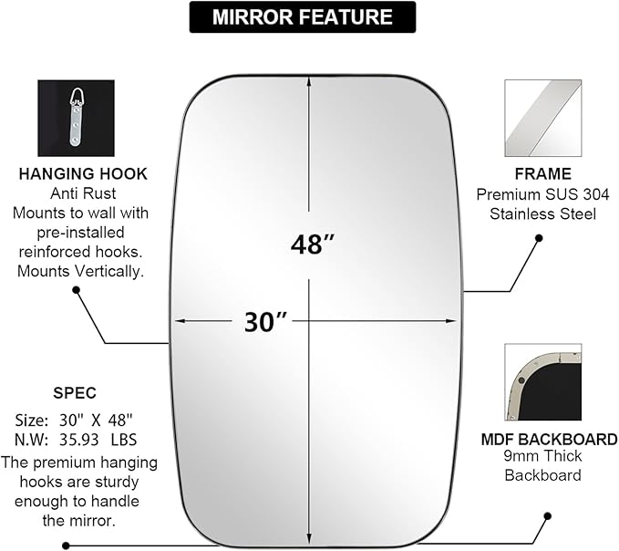 ANDY STAR Chrome Oblong Mirror, 30x48 Inch Polished Chrome Oval Mirror for Bathroom with Stainless Steel Metal Frame, Wall Mouned for Bathroom, Living Room, Entryway