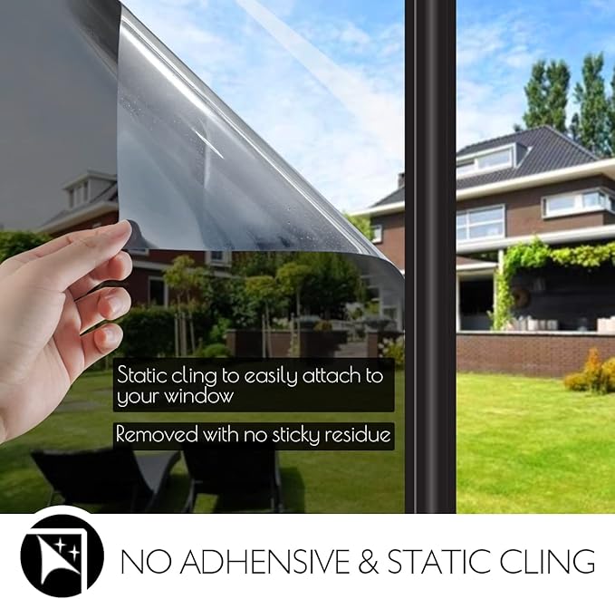 HIDBEA One Way Privacy Window Film, Daytime Mirror Reflective Heat Control UV Sun Blocking Non-Adhesive Static Cling Window Tint for Home and Office(Black-Silver, 41.3 Inch x 19.6 Feet)
