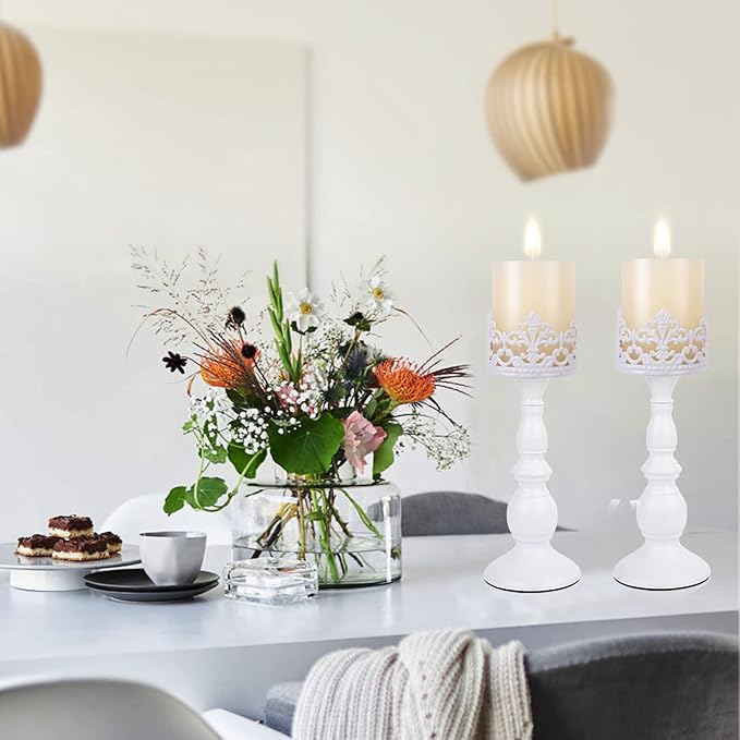 Candle Holders for Pillar Candles Gothic Matte Black Vintage Tall Candle Holders Set of 2 Decorative Large Table Centerpieces Candle Stand Decor (White 2PCS A)