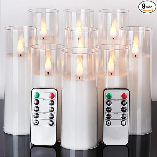 Amagic Pure White Flameless Candles, Battery Operated Candles, Acrylic Flickering LED Pillar Candles with Remote Control and Timer, 3D Wick, Yellow and Blue Glow, D2.2 xH5 6" 7", Set of 9