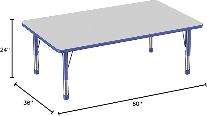 Factory Direct Partners FDP Rectangle Activity School and Classroom Kids Table (36 x 60 inch), Toddler Leg, Adjustable Height 15-24 inches - Gray Top and Blue Edge