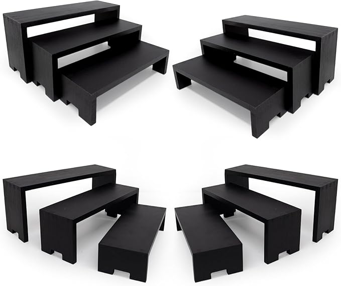Display Wood Risers Wooden Stand 3 Tier 4 Set 12 Pieces Wood Racks Decorative Rectangular, Cupcake Stands Cologne Perfume Organizer Showcase Items(New Black)