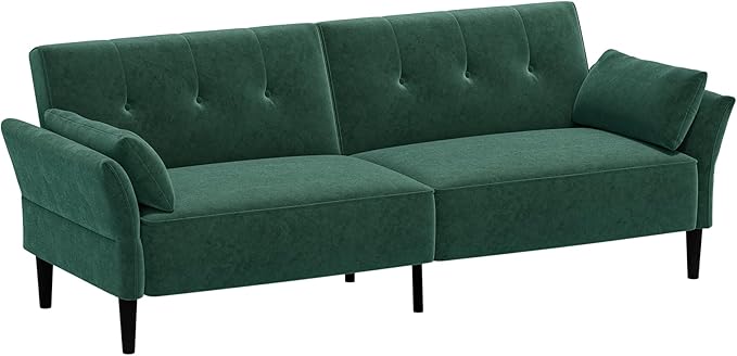 89” Futon Sofa Bed, Velvet Fabric Comfy Futon Couch Bed with 2 Square Pillows, Convertible Sleeper Sofa with Adjustable Backrest& Armrests, Modern Loveseat Sleeper for Living Room, Bedroom