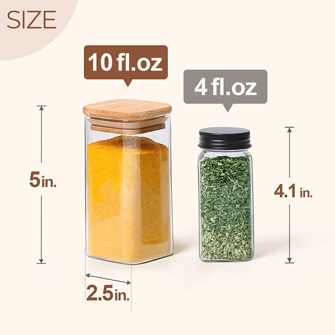 ComSaf 16Pcs Glass Spice Jars with Bamboo Lid, 10oz Airtight Square Containers with 275 Black Lables, Empty Seasoning Jars for Spice Salt Sugar