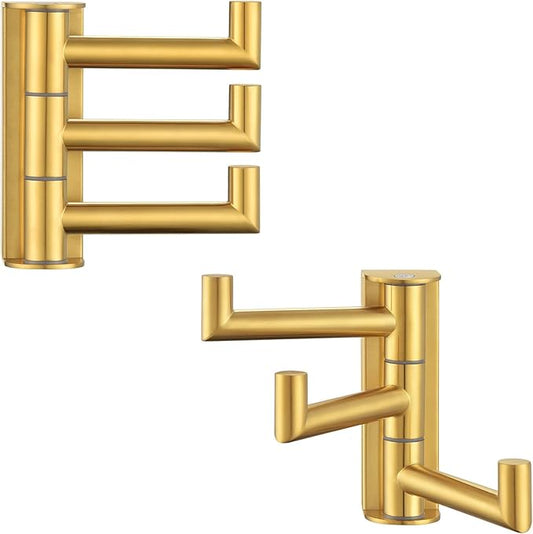 Angle Simple Towel Hooks Swivel, SUS 304 Stainless Steel 3 Arms Foldable Hand Towel Holder, Coat Hooks, Brushed Gold, 2 Pack