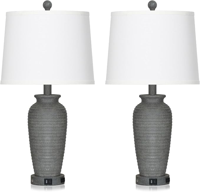 25" Grey Vintage Table Lamp Set of 2 Farmhouse Jar Table Lamps for Living Room，Touch Bedside Lamps with USB A+C Ports & AC Outlet, Pot Nightstand Lamps for Bedroom Living Room (LED Bulbs Included)