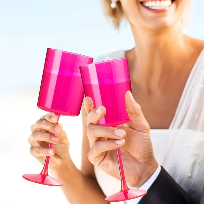 Ciaell 12 Pack Plastic Wine Glasses - 10Oz Hot Pink Plastic Wine Glasses With Stem - Disposable Stemmed Cups for Parties & Weddings