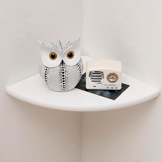 Corner Shelf, Solid Oak Wood Floating Corner Shelf Wall Mount Round End Floating Speaker Shelves with Wire Hole for Small Plant Photo Frame for Bedroom Kitchen, Living Room (White, 7.1in)