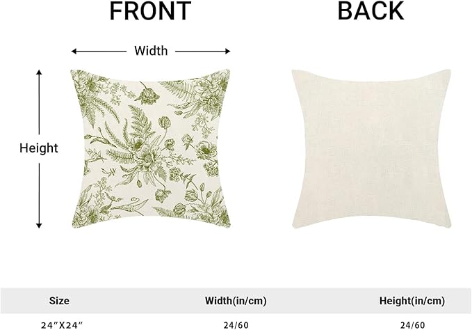 CXMEIFLY Sage Green Spring Pillow Covers 24 x 24 Inch Set of 2 for Chinoiserie Flowers Decor Throw Pillows Floral Leaves Seasonal Plant Outdoor Decorative Cushion Cases for Couch Bed Decorations