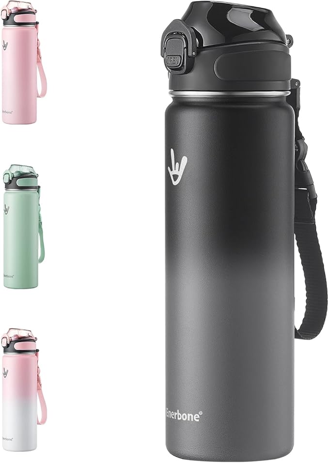 Enerbone 24 oz Insulated Water Bottle, Stainless Steel Bottle with Carrying Strap, Double-Wall Vacuum Insulation Design, Leakproof Sports Bottle with Straw, Keep Drinks Cold or Hot for Hours