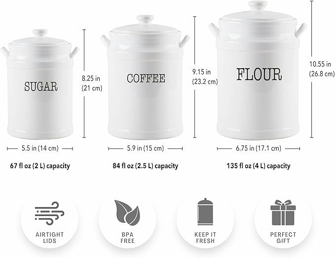 Ceramic Canister Set with Airtight Lids - 3-Piece Kitchen Storage for Flour, Sugar, Coffee, Tea & Spices - Modern Countertop Decor