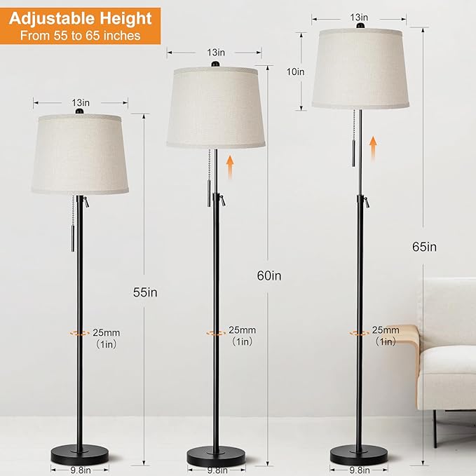 Floor Lamps for Living Room, Black Floor Lamp Adjustable Height Standing Lamp, Dimmable Modern Tall Floor Lamp for Bedroom Office with Beige Linen Shade, 8W 3000K Bulb Included